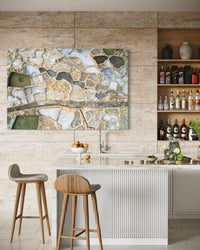 Salt Pans of Gozo, Malta, framed in a kitchen above open shelving