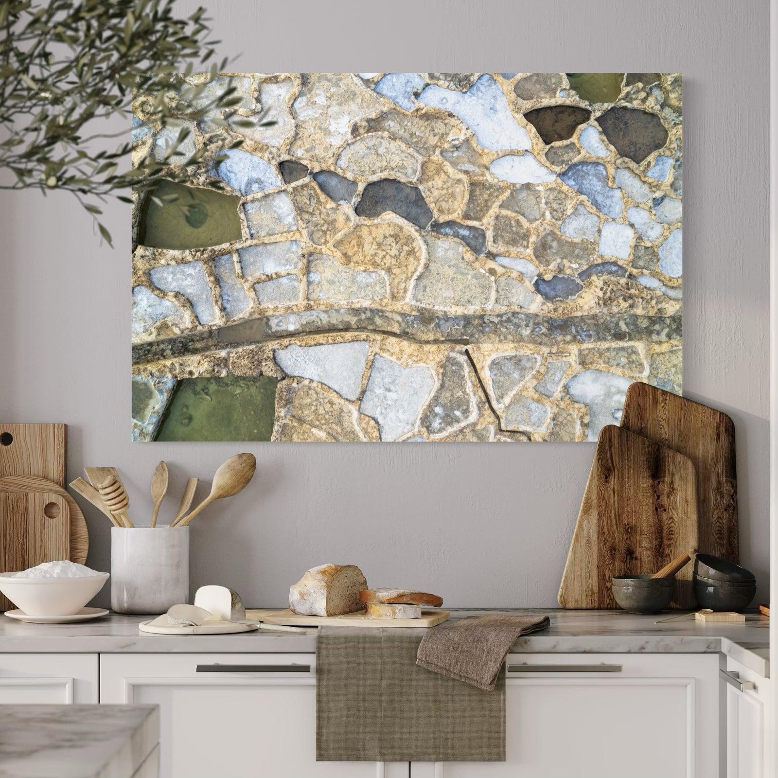 Salt Pans of Gozo, Malta, framed above a kitchen counter