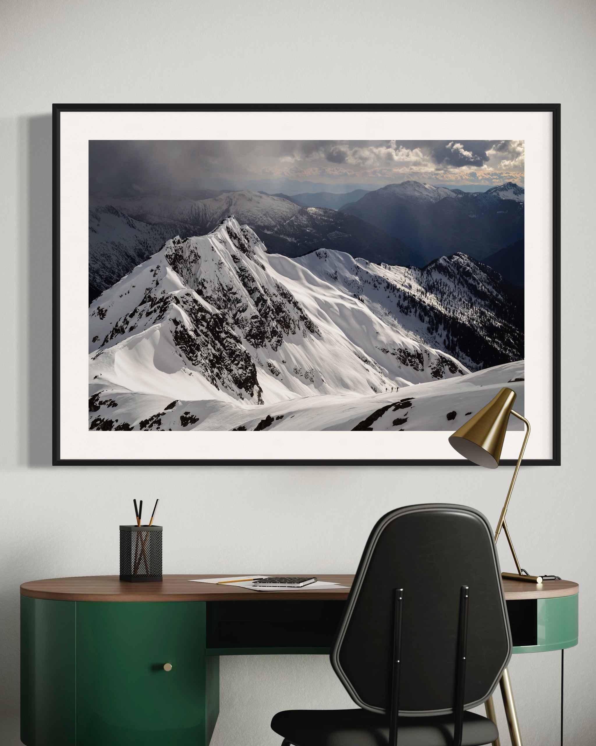 Wall Décor Wall Art of skiers in the Coast Mountains of British Columbia. Contemporary wall art by Mike Crane.