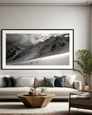 Black and white print of backcountry skiers in the Tantalus Range