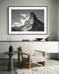 Majestic Matterhorn panorama framed above a sideboard in a bright living room