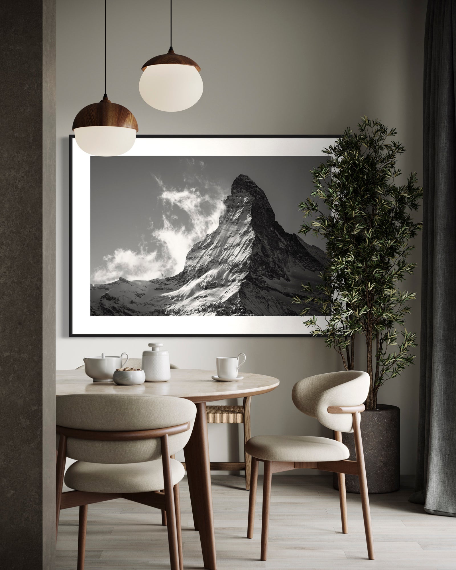 Majestic Matterhorn panorama framed above a sideboard in a dining room