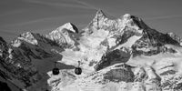 Icons of the Valais Alps, black and white panorama of Alpine peaks with a cable car, limited edition fine art print by Mike Crane *