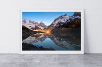 Lago Torre framed print leaning against a wall